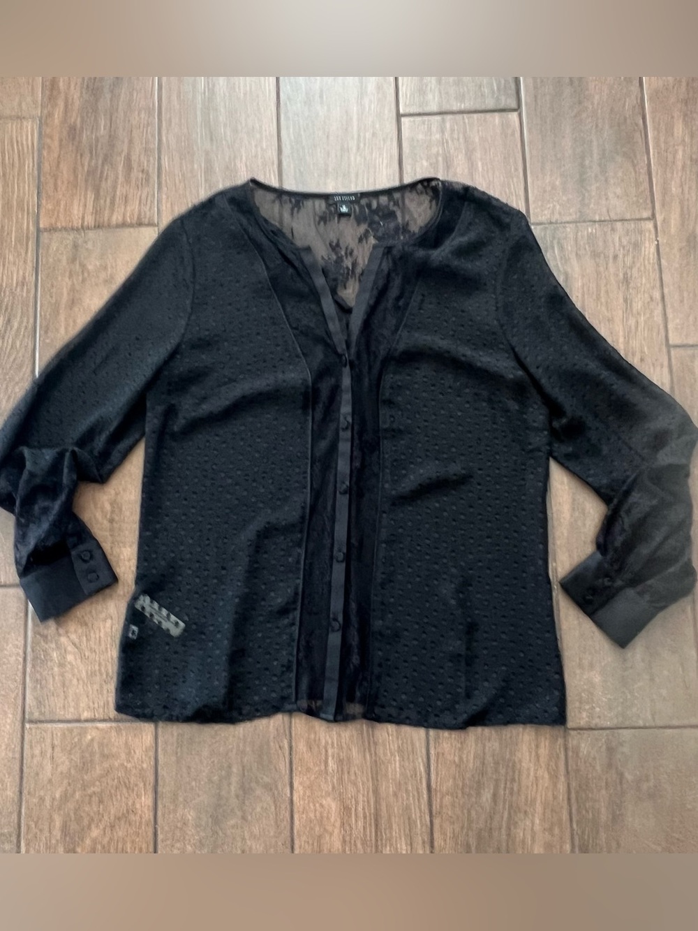 Sheer Black Long Sleeve Ann Taylor Blouse sz M Swiss Dot/Lace
